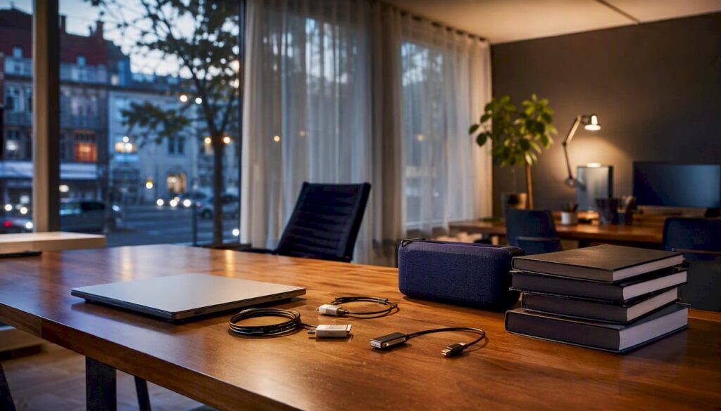 Agency office desk with security devices and books
