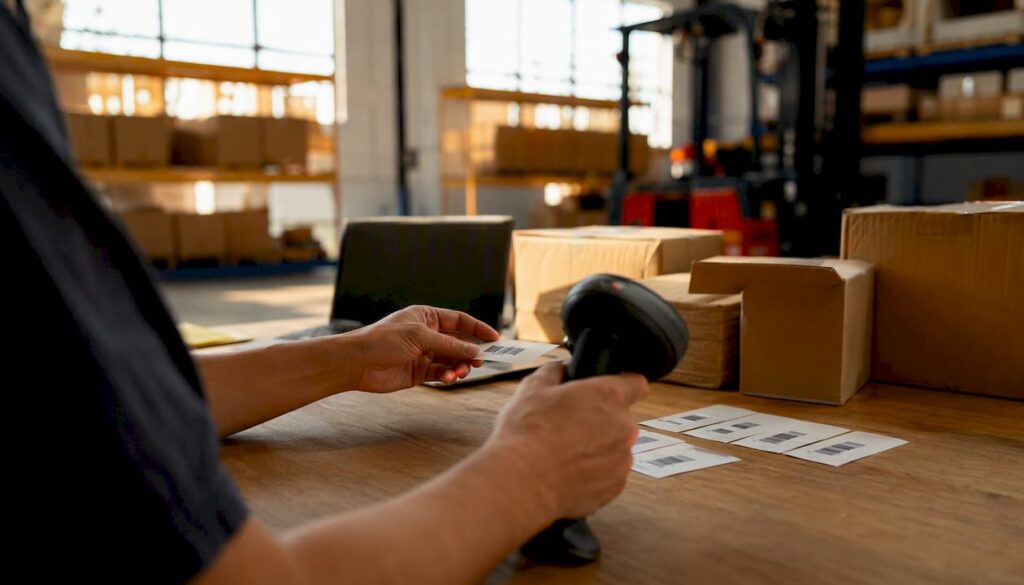 Hands scanning product barcodes in warehouse