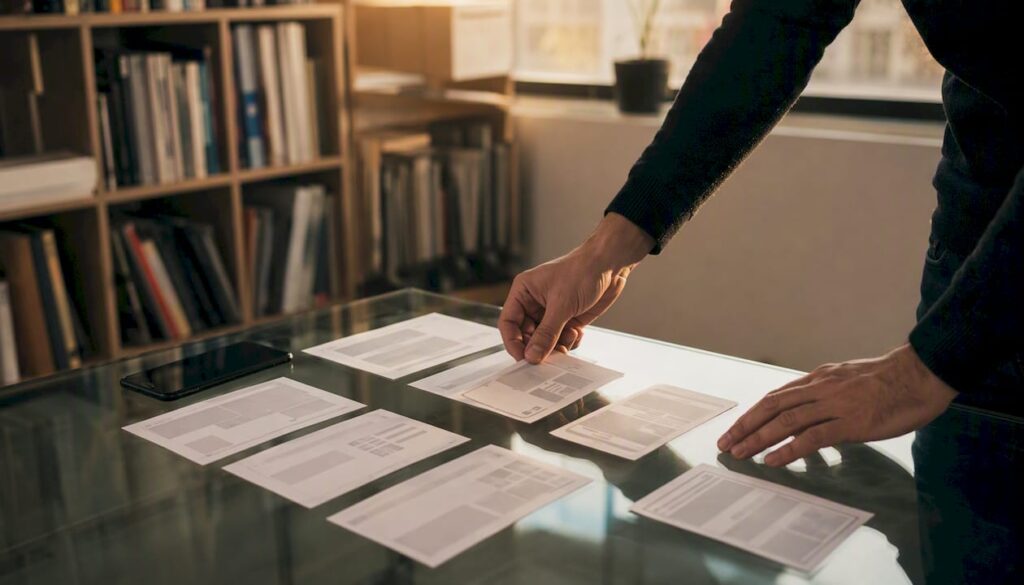 Developer hands adjusting wireframes and CSS prints