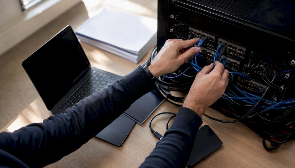 Hands managing WordPress maintenance hardware