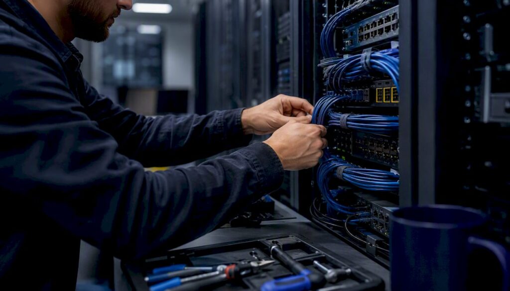 Hands working on server network cables