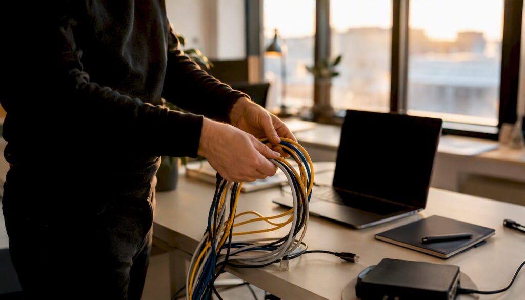 Hands adjusting network cables at agency desk