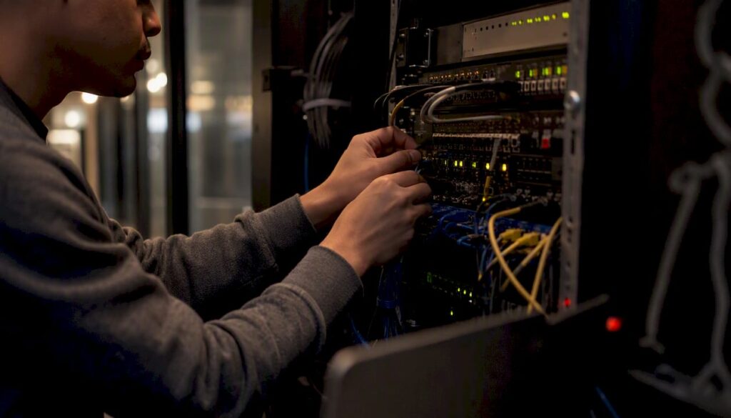Hands managing server cables in data rack