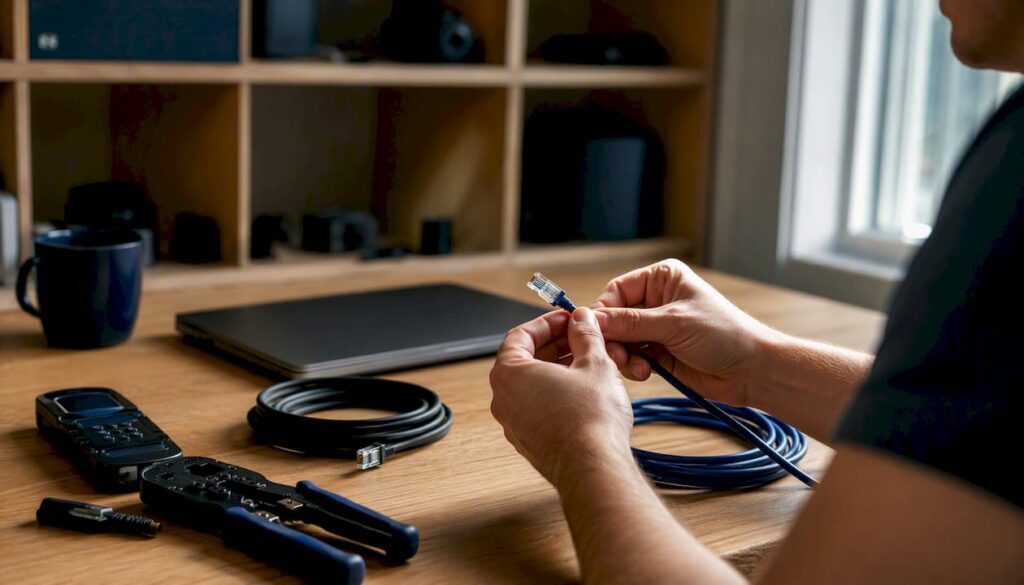 Hands connecting network cable on workspace