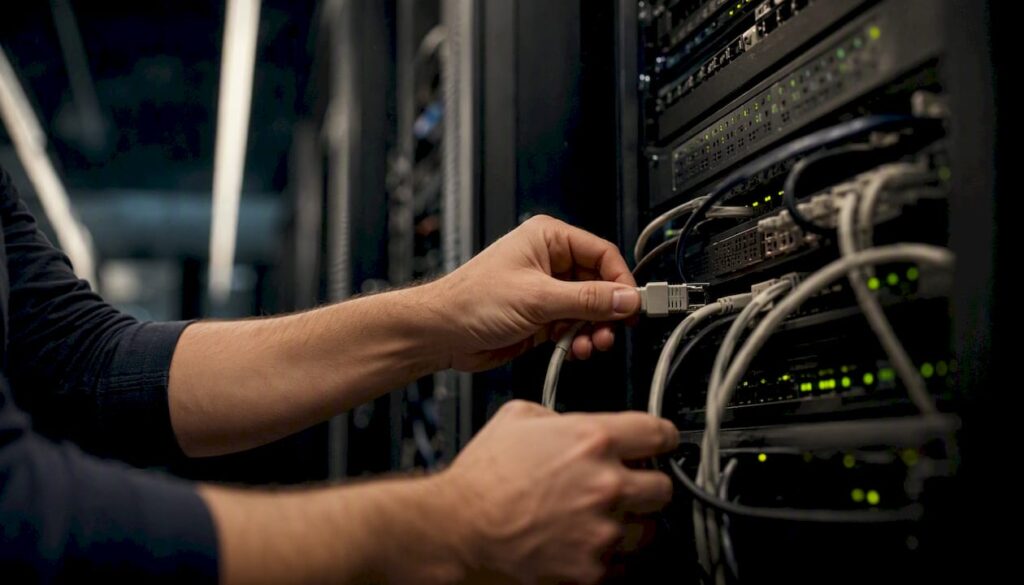 Hands plugging network cable into server rack