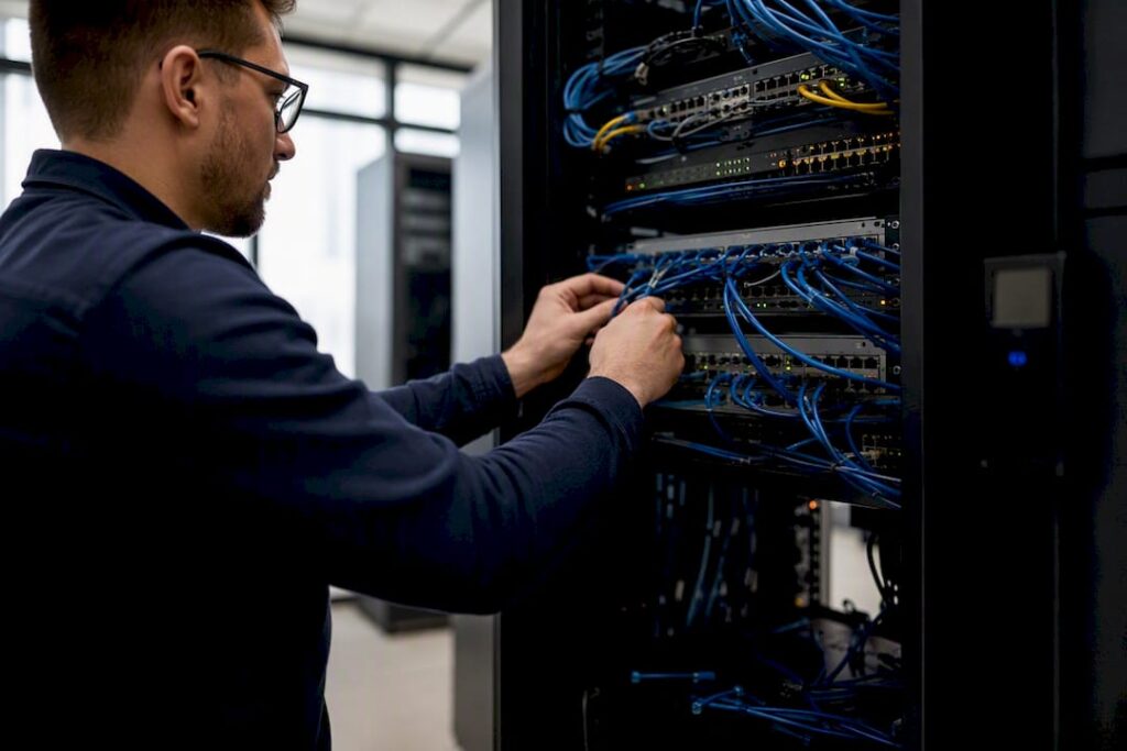 Hands updating network hardware in server rack