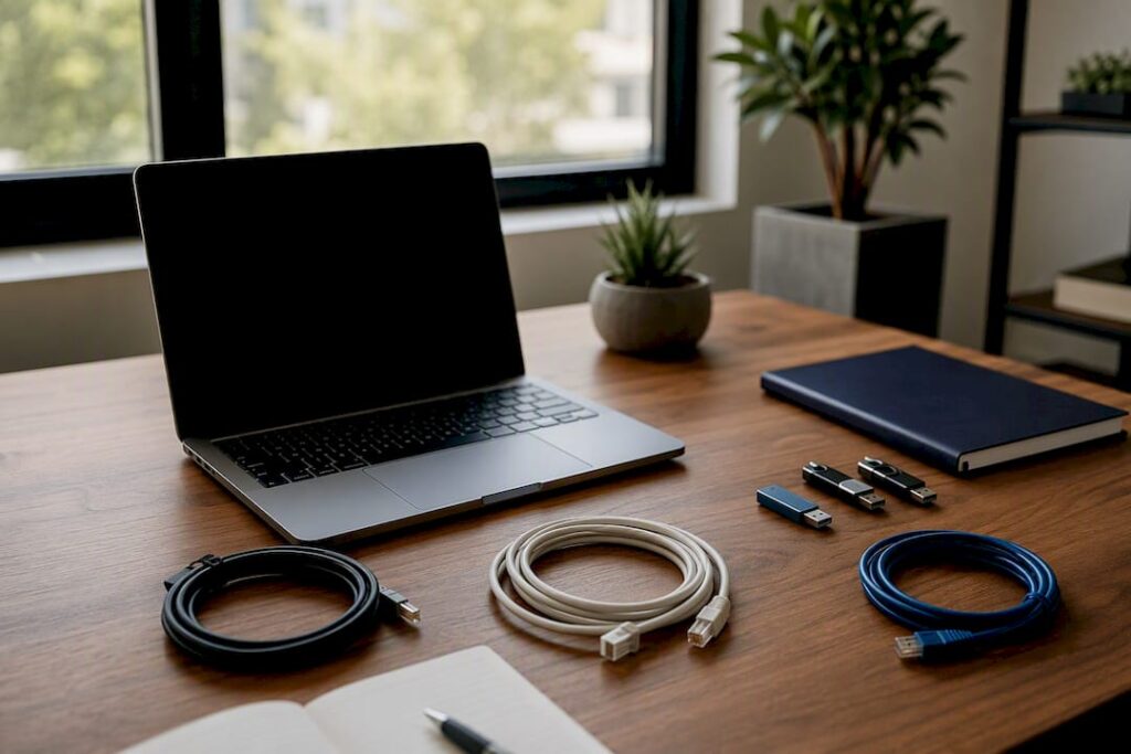 Workspace with laptop and maintenance tools