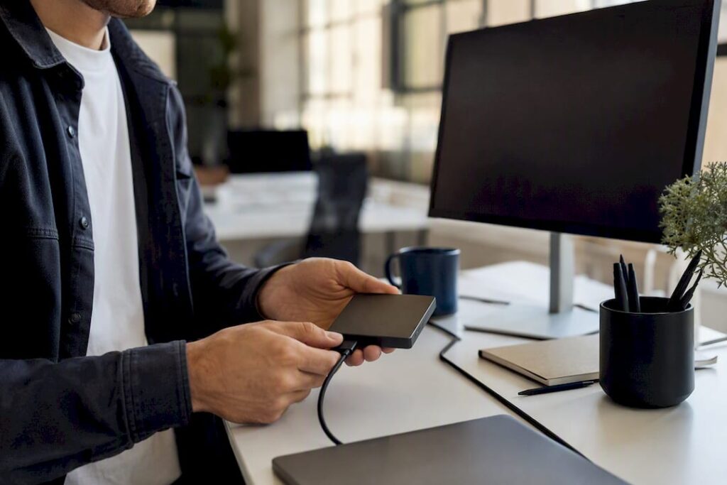 Hands connecting external hard drive for backup