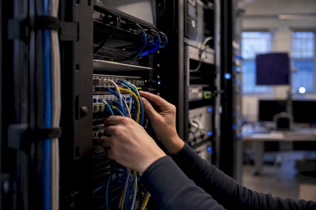 Hands inspecting network cables in server room