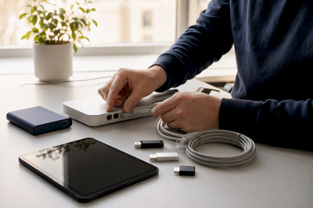 Hands managing network device and tech on desk