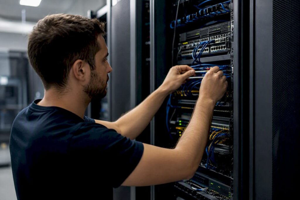 Hands connecting server cables in agency server room