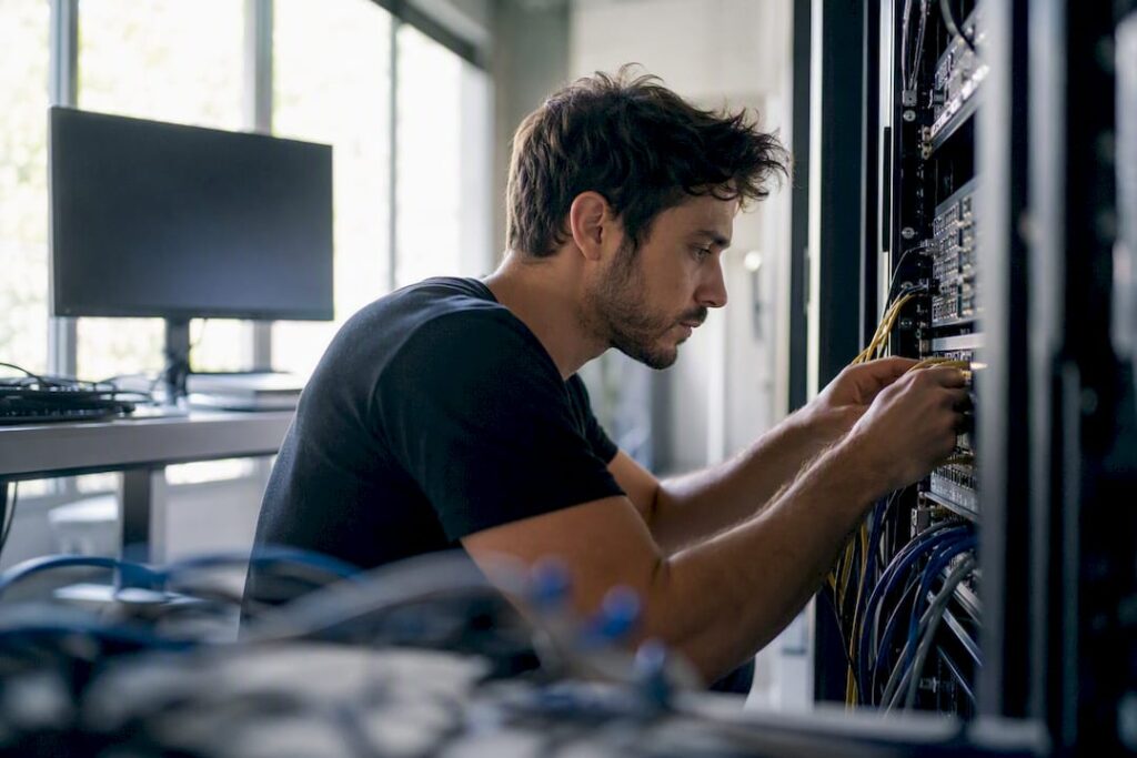 Hands adjusting server hardware in agency