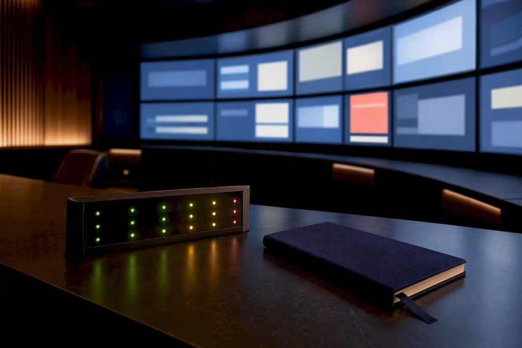 Agency monitoring screens showing abstract site statuses